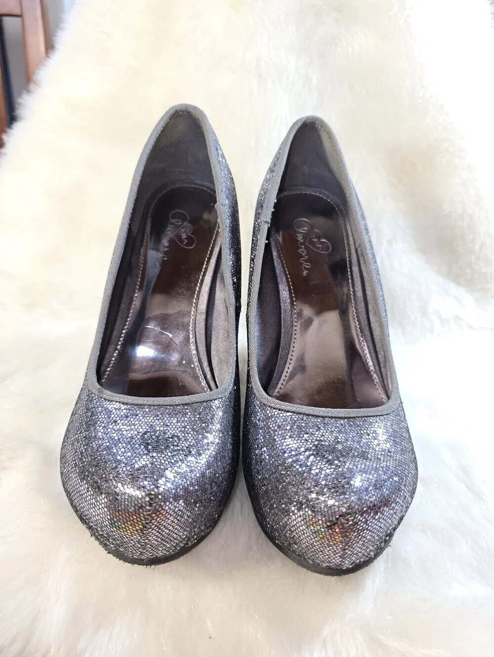 MIA Amore Icicle Silver Glitter Platform Wedge Pumps